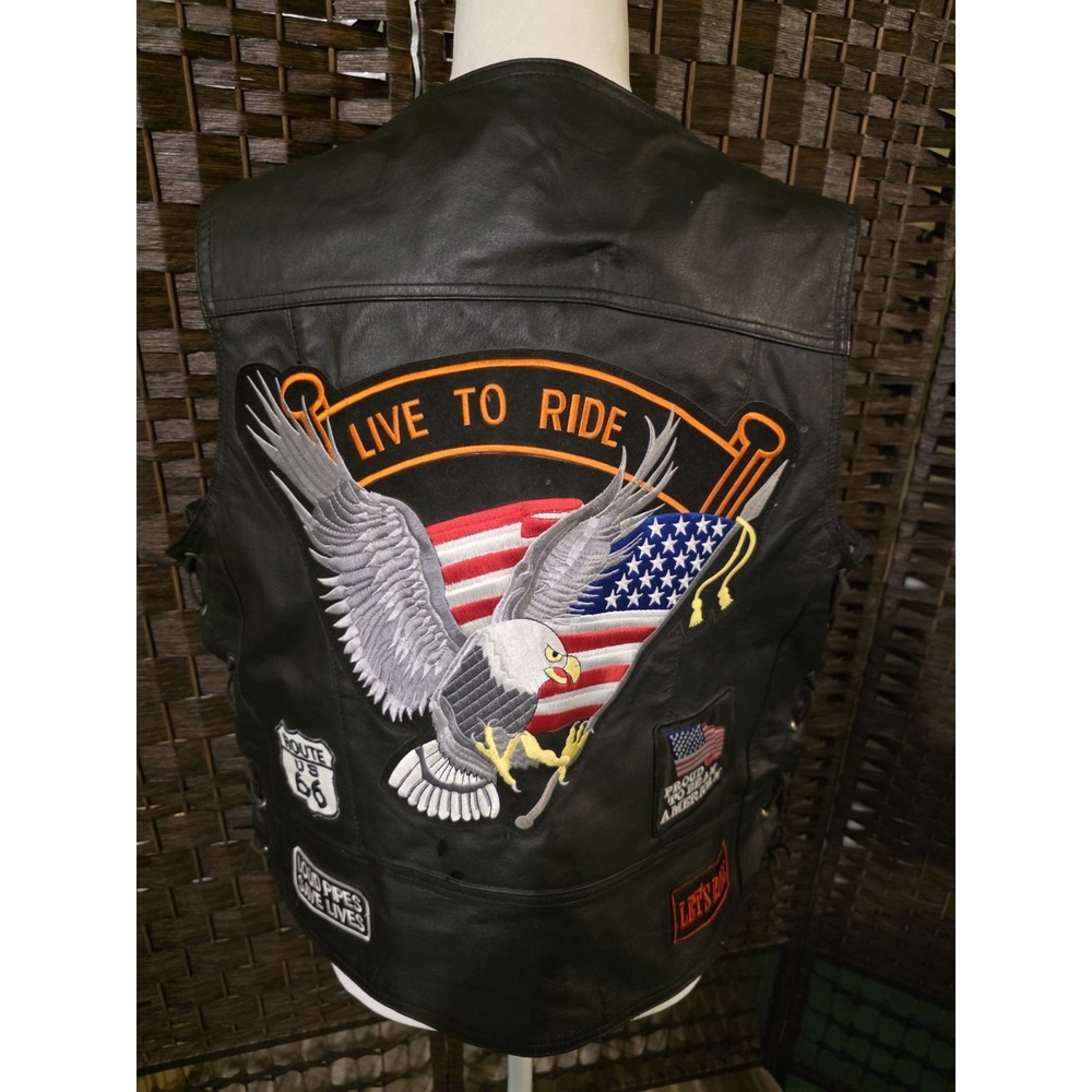 Leather Black Motorcycle Vest 2XL Patches Pins Live‎ To Ride Eagle Biker w/ Ext.